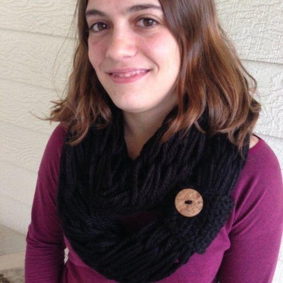 Handmade Black infinity scarf with coconut button cuff one size lightweight y2k - Picture 2 of 5